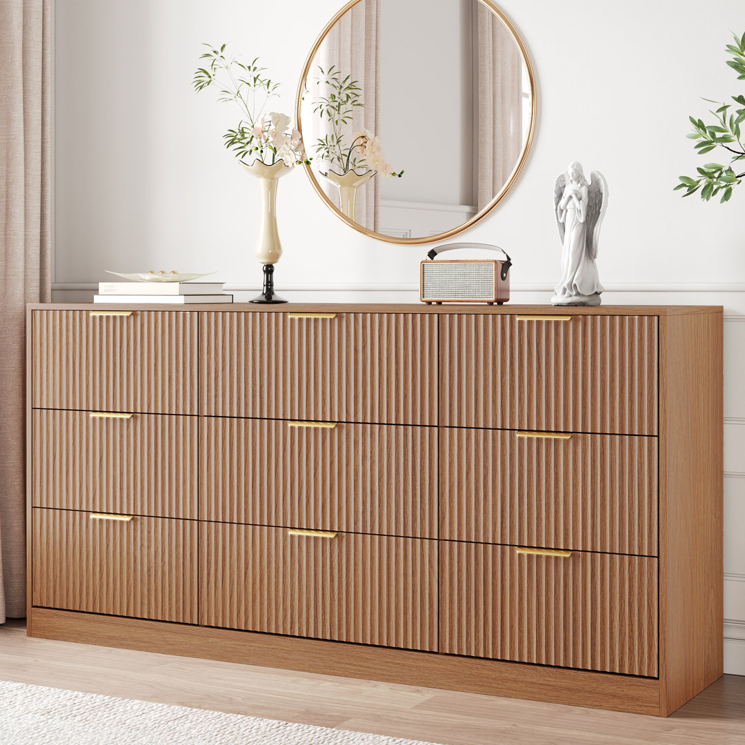 Fluted Dresser For Bedroom With 9 Drawers, 63" Wide Modern Chest Of Drawers With Metal Handle